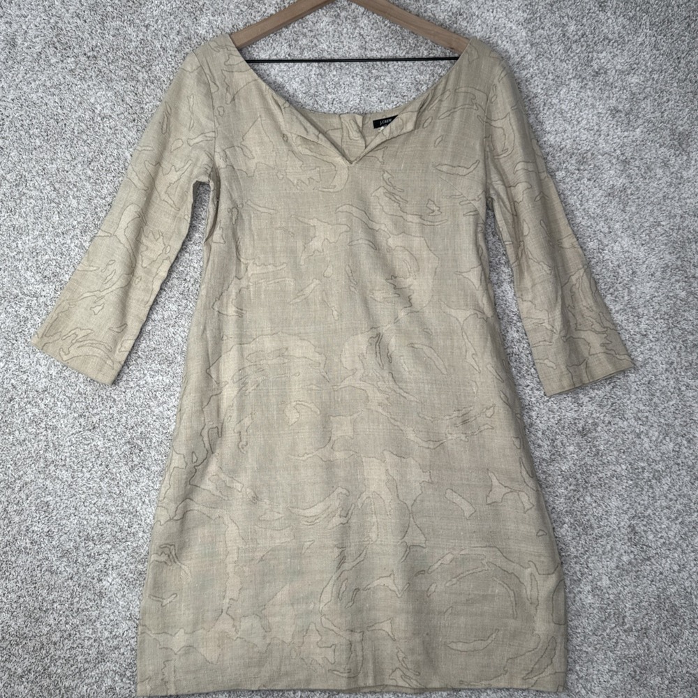 J Crew Shift Dress Womens Size 0 Silk Linen Blend Beige Gold Design Pockets